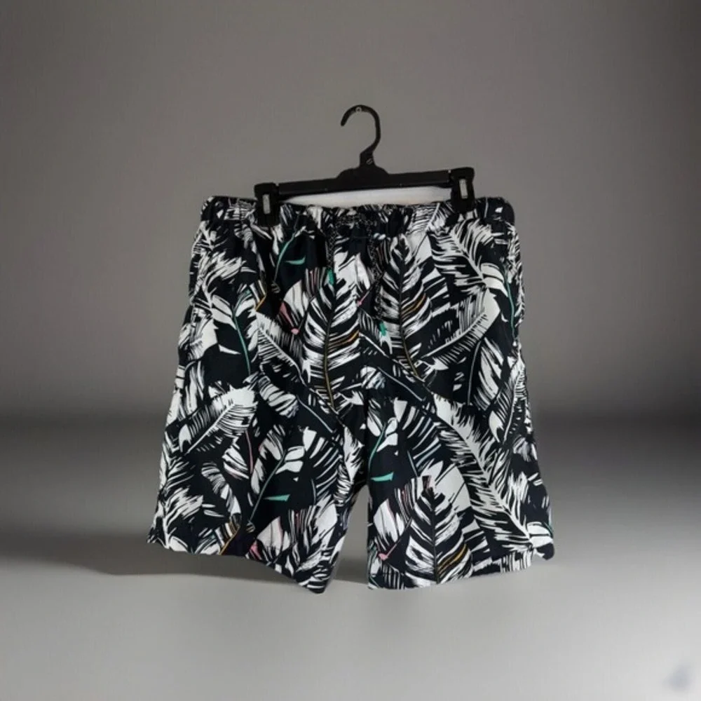 Empyre Men's L Large Ollie Swim Trunks Tropical Surf Lined Black‎ & White